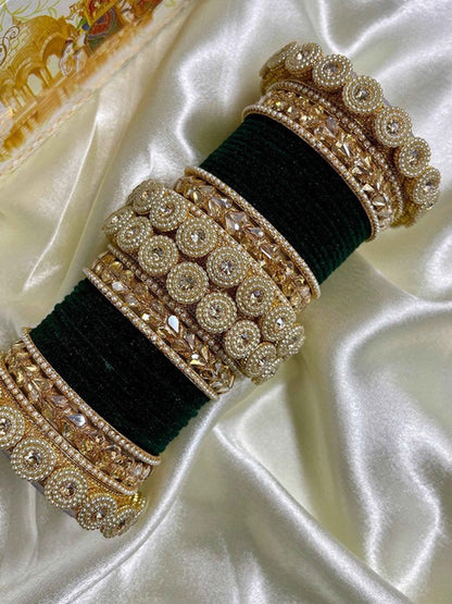 Ishhaara Embellished Green Velvet Bangles Set - a luxurious set of green velvet bangles with gold embellishments and Kundan stones