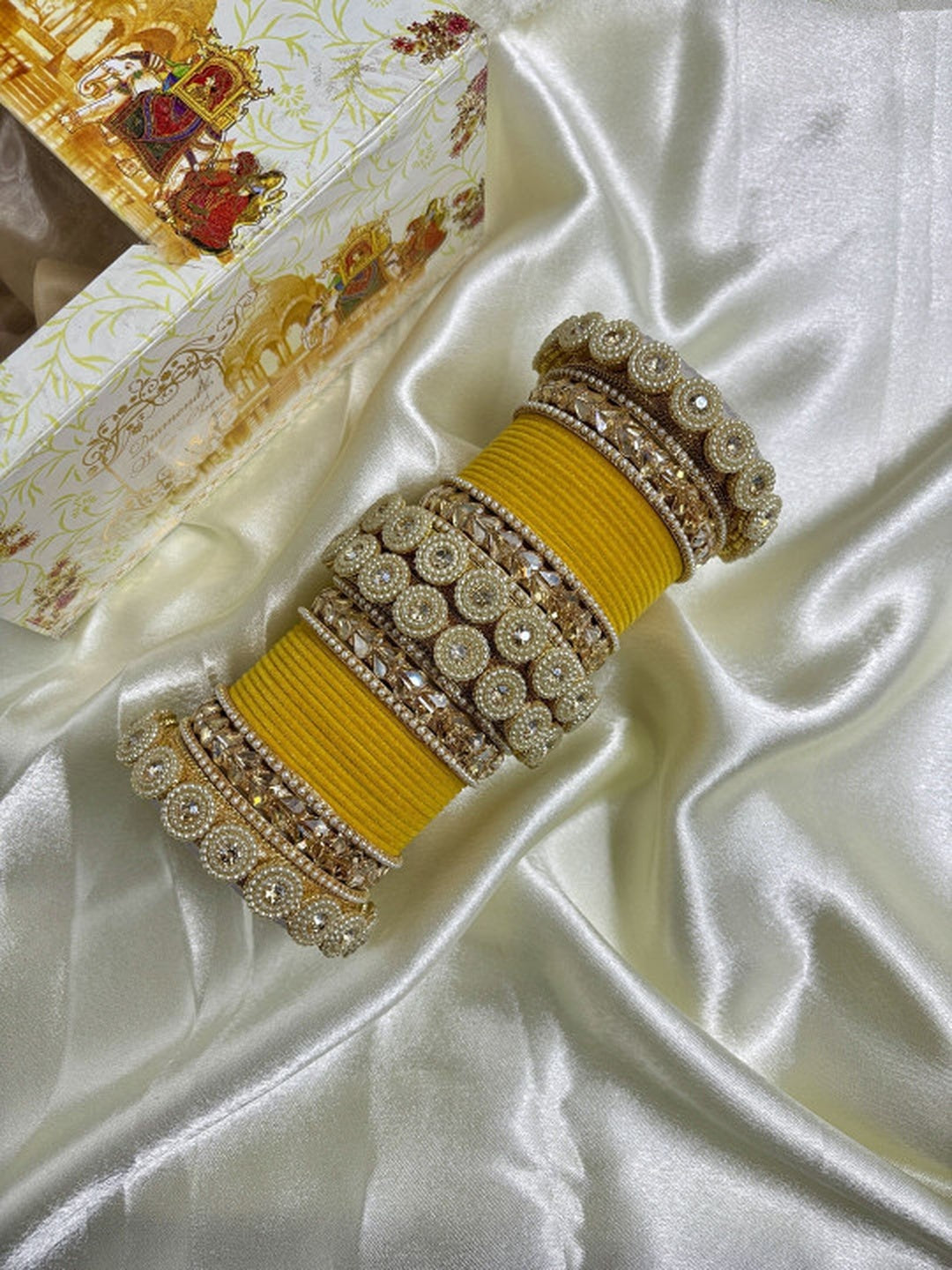 Ishhaara Embellished Green Velvet Bangles Set - a luxurious set of green velvet bangles with gold embellishments and Kundan stones - view 10