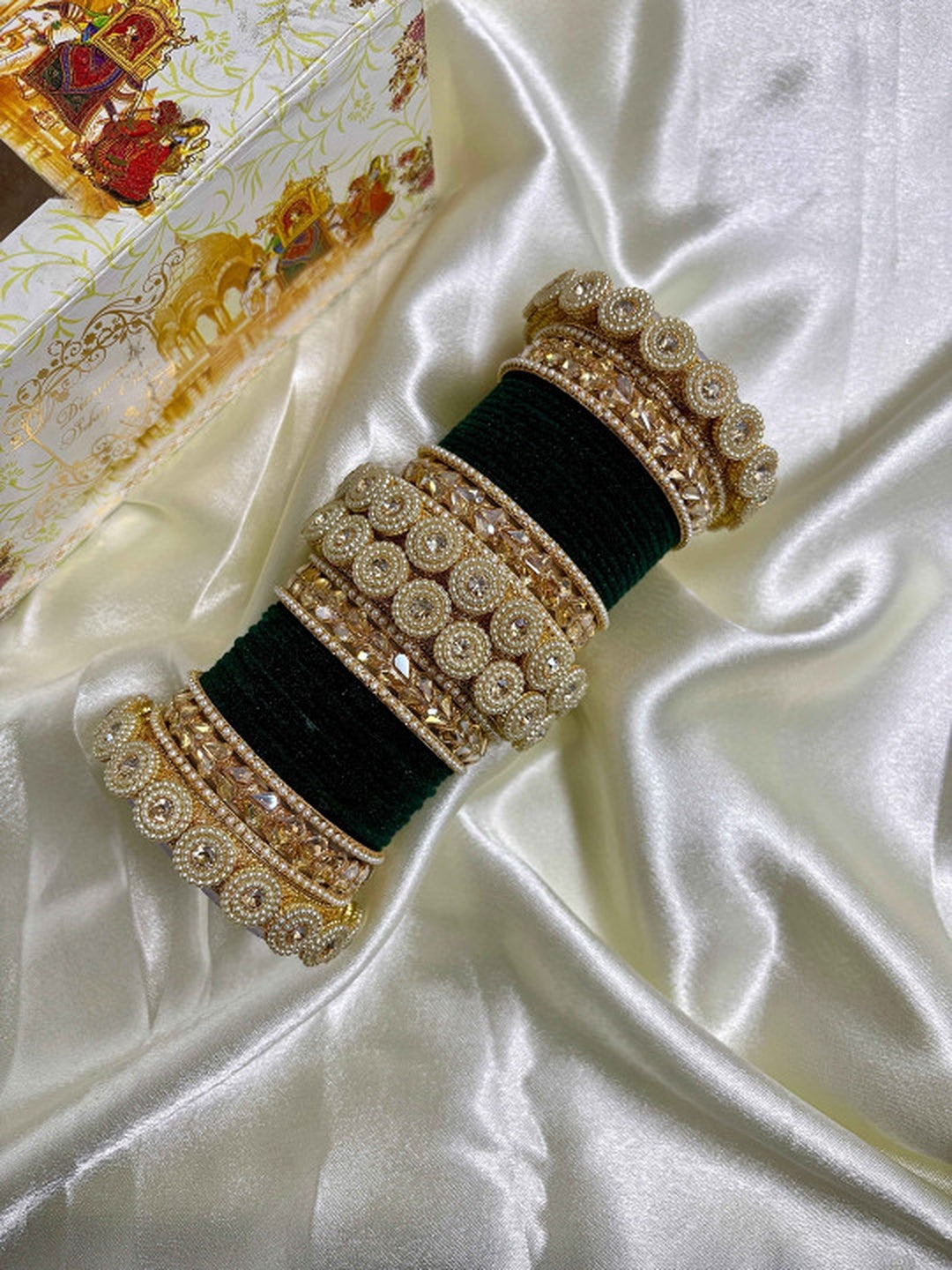 Ishhaara Embellished Green Velvet Bangles Set - a luxurious set of green velvet bangles with gold embellishments and Kundan stones - view 2