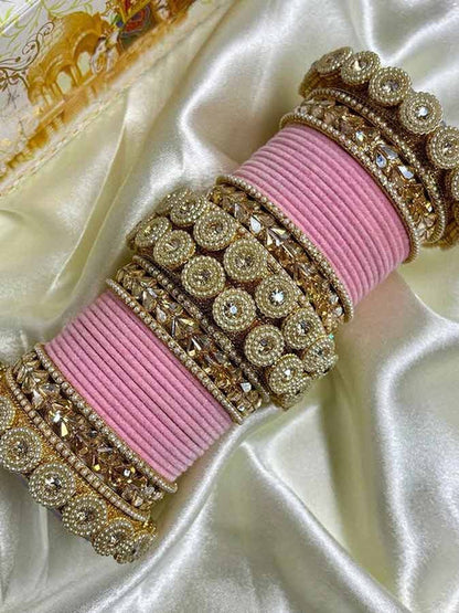 Ishhaara Embellished Green Velvet Bangles Set - a luxurious set of green velvet bangles with gold embellishments and Kundan stones - view 3