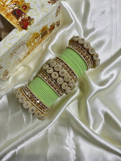 Ishhaara Embellished Green Velvet Bangles Set - a luxurious set of green velvet bangles with gold embellishments and Kundan stones - view 5