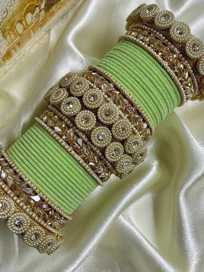 Ishhaara Embellished Green Velvet Bangles Set - a luxurious set of green velvet bangles with gold embellishments and Kundan stones - view 6