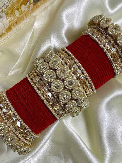 Ishhaara Embellished Green Velvet Bangles Set - a luxurious set of green velvet bangles with gold embellishments and Kundan stones - view 7