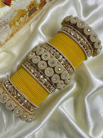 Ishhaara Embellished Green Velvet Bangles Set - a luxurious set of green velvet bangles with gold embellishments and Kundan stones - view 9