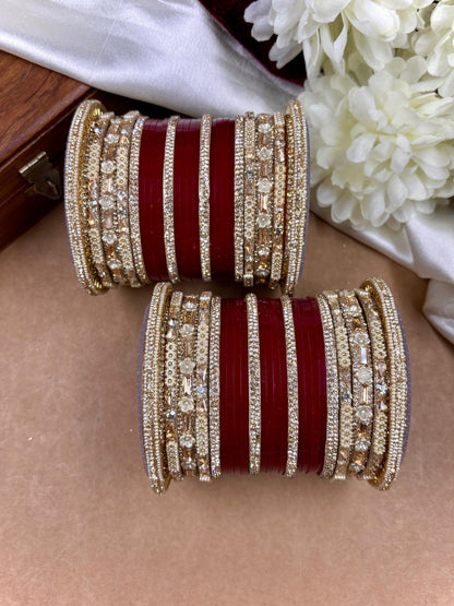 Ishhaara Embellished Red Kundan Bangles Set - a stack of red and gold bangles with diamond-cut stones - view 4