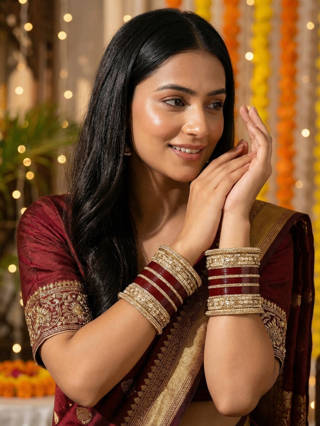 Ishhaara Embellished Red Kundan Bangles Set - a stack of red and gold bangles with diamond-cut stones - view 6