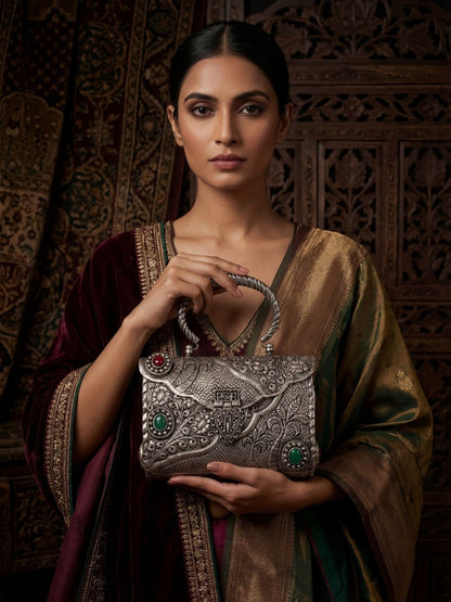 Ishhaara Embroidered Brass Silver Plated Handbag