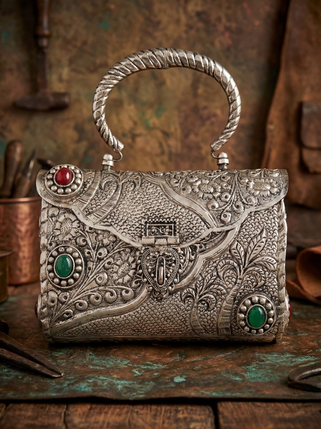 Ishhaara Embroidered Brass Silver Plated Handbag