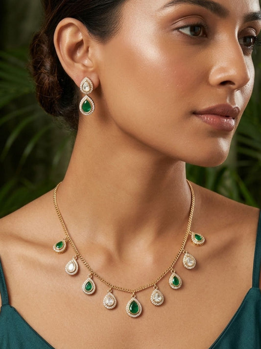 Ishhaara Emerald And Cubic Zirconia Teardrop Necklace