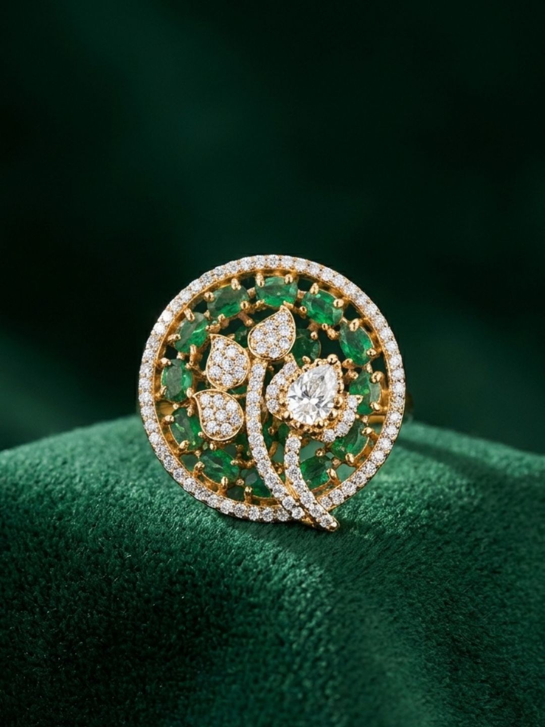 Ishhaara Emerald And Diamond Floral Statement Ring
