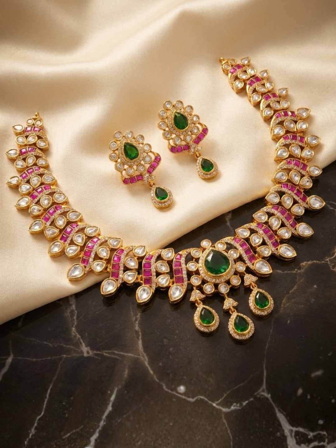 Ishhaara Emerald And Ruby Studded Statement Necklace