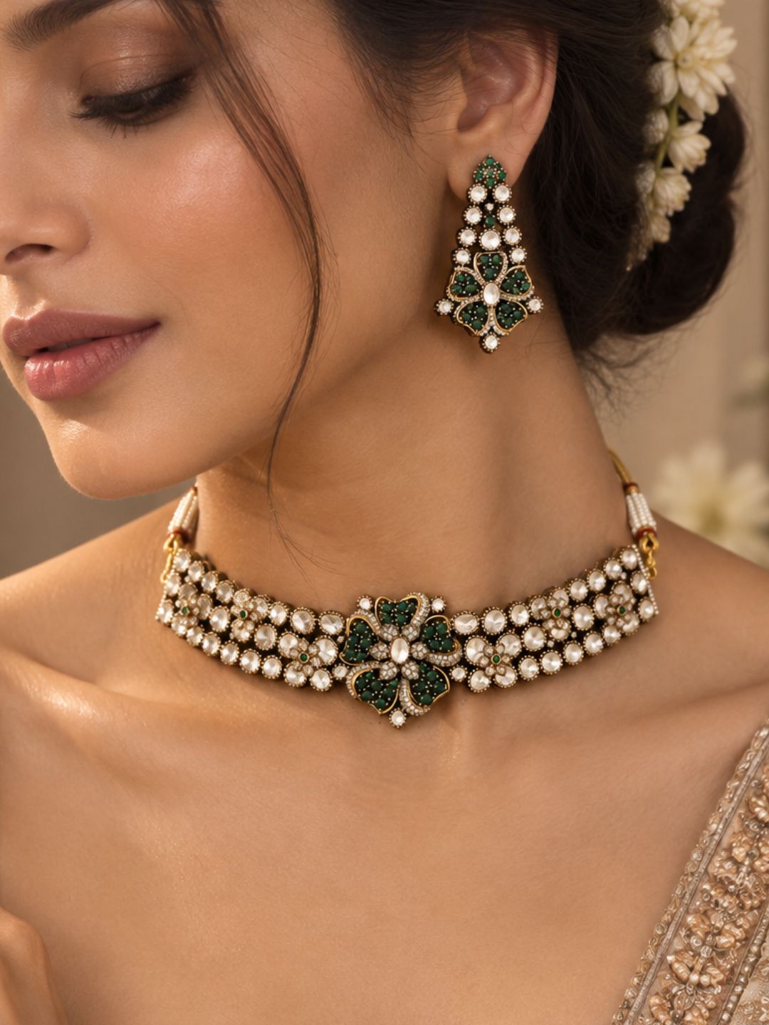 Ishhaara Emerald Bloom Moissanite Polki Choker Set