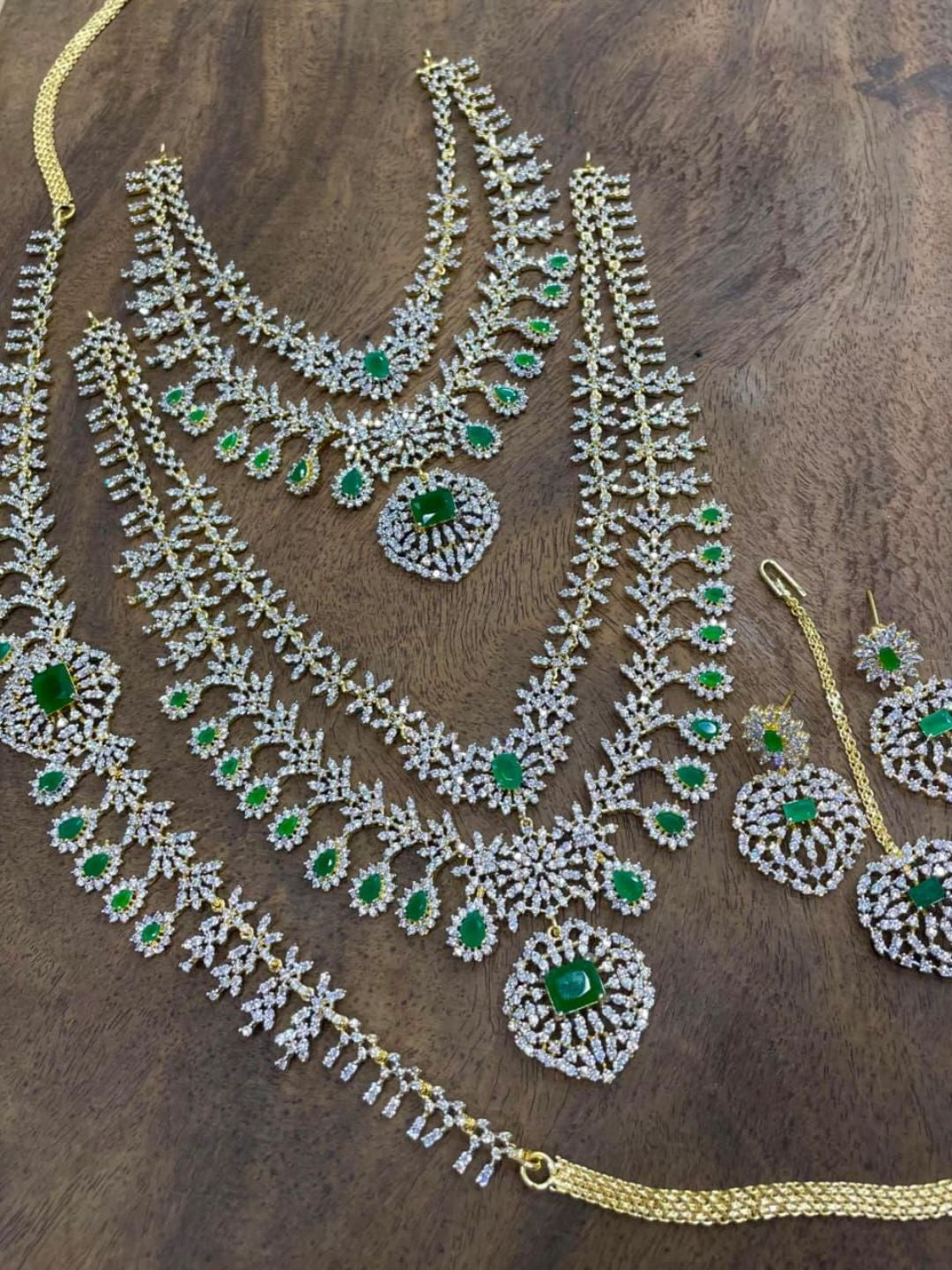 Ishhaara Emerald CZ Temple Long Necklace Set — handcrafted Indian jewellery