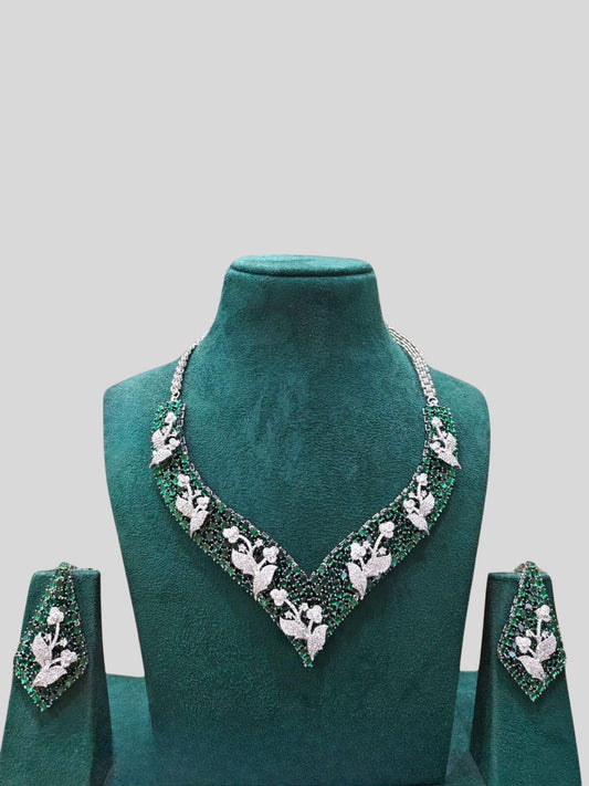 Ishhaara Emerald Green Stone Cubic Zirconia Necklace Set