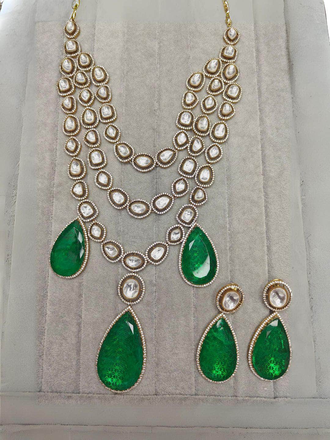 Ishhaara Emerald Green Uncut Polki Necklace Set