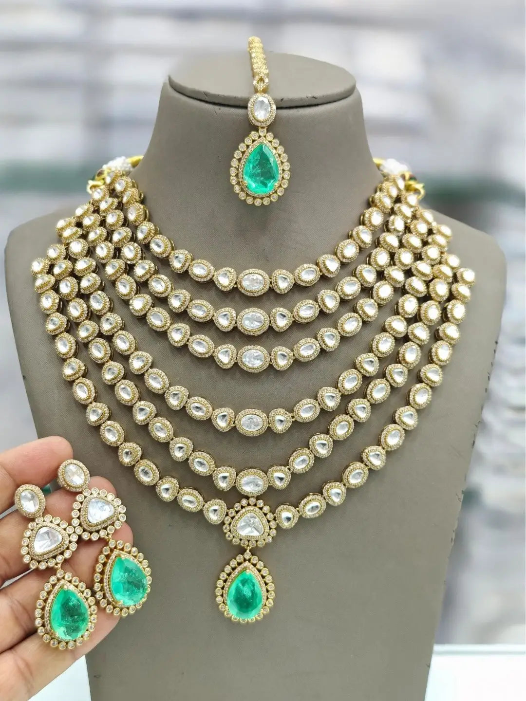 Ishhaara Emerald Multi Layer Moissanite Kundan Necklace