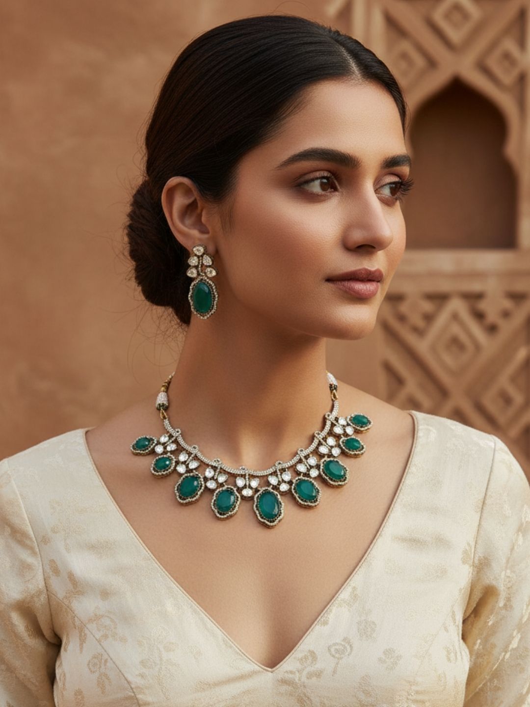 Ishhaara Emerald Polki Victorian Necklace