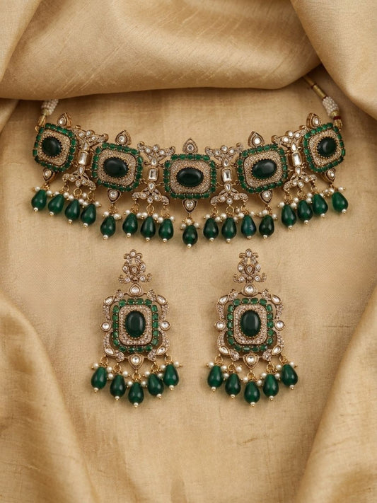 Ishhaara Emerald Stone Choker With Earrings