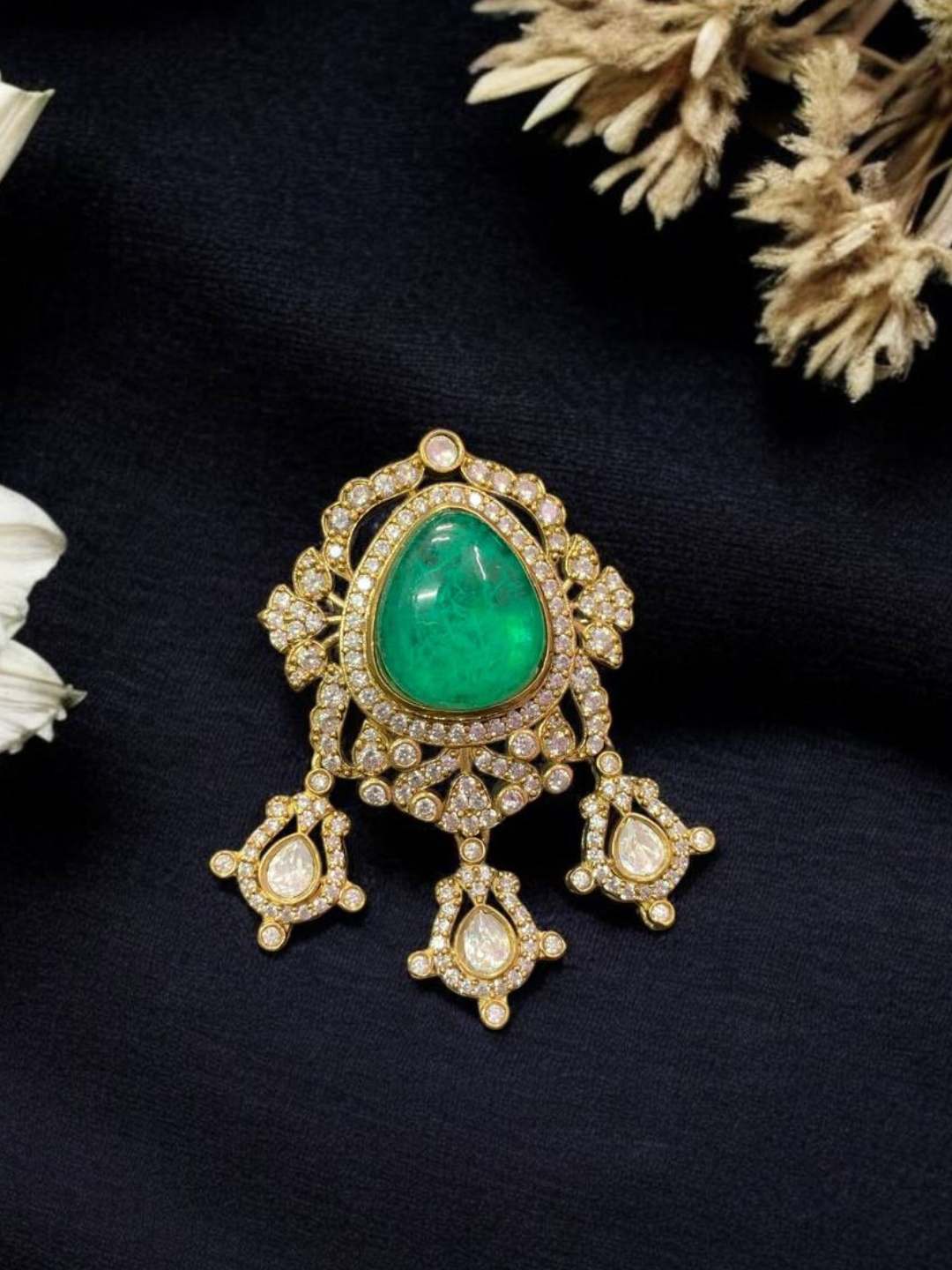 Ishhaara Emerald Stone Studded Groom Brooch