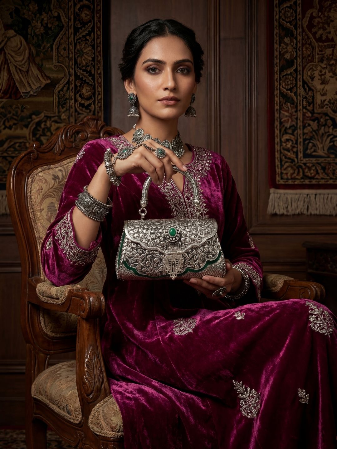 Ishhaara Emerald Stone Studded Handmade Intricate Designed Metal Purse