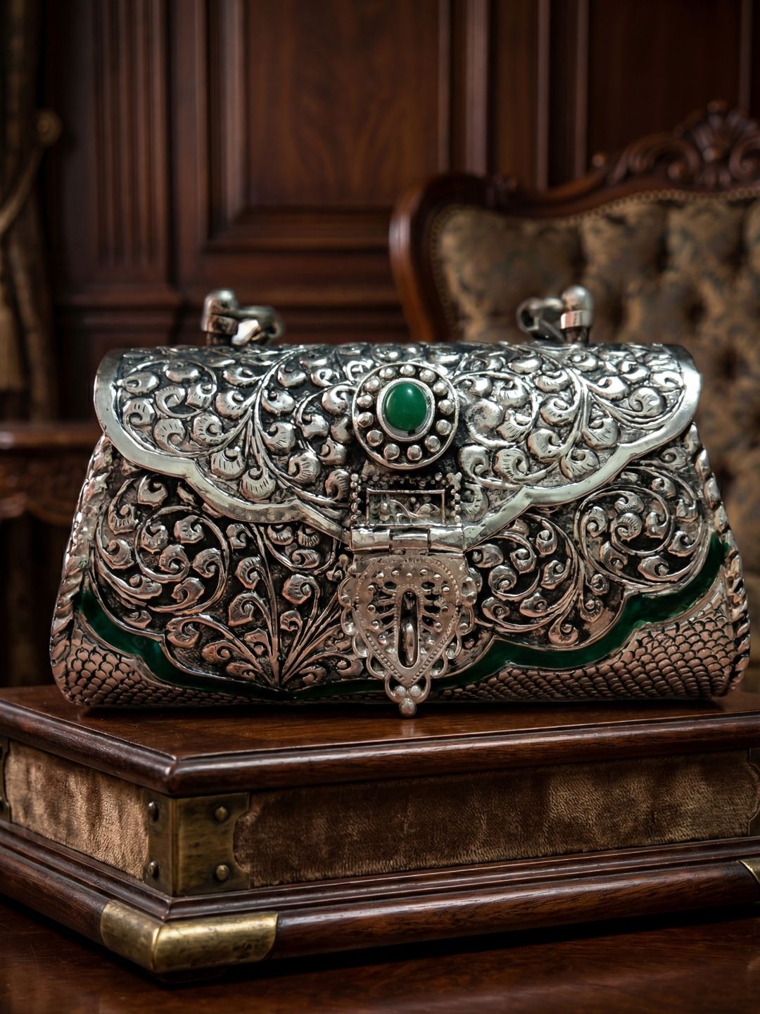 Ishhaara Emerald Stone Studded Handmade Intricate Designed Metal Purse