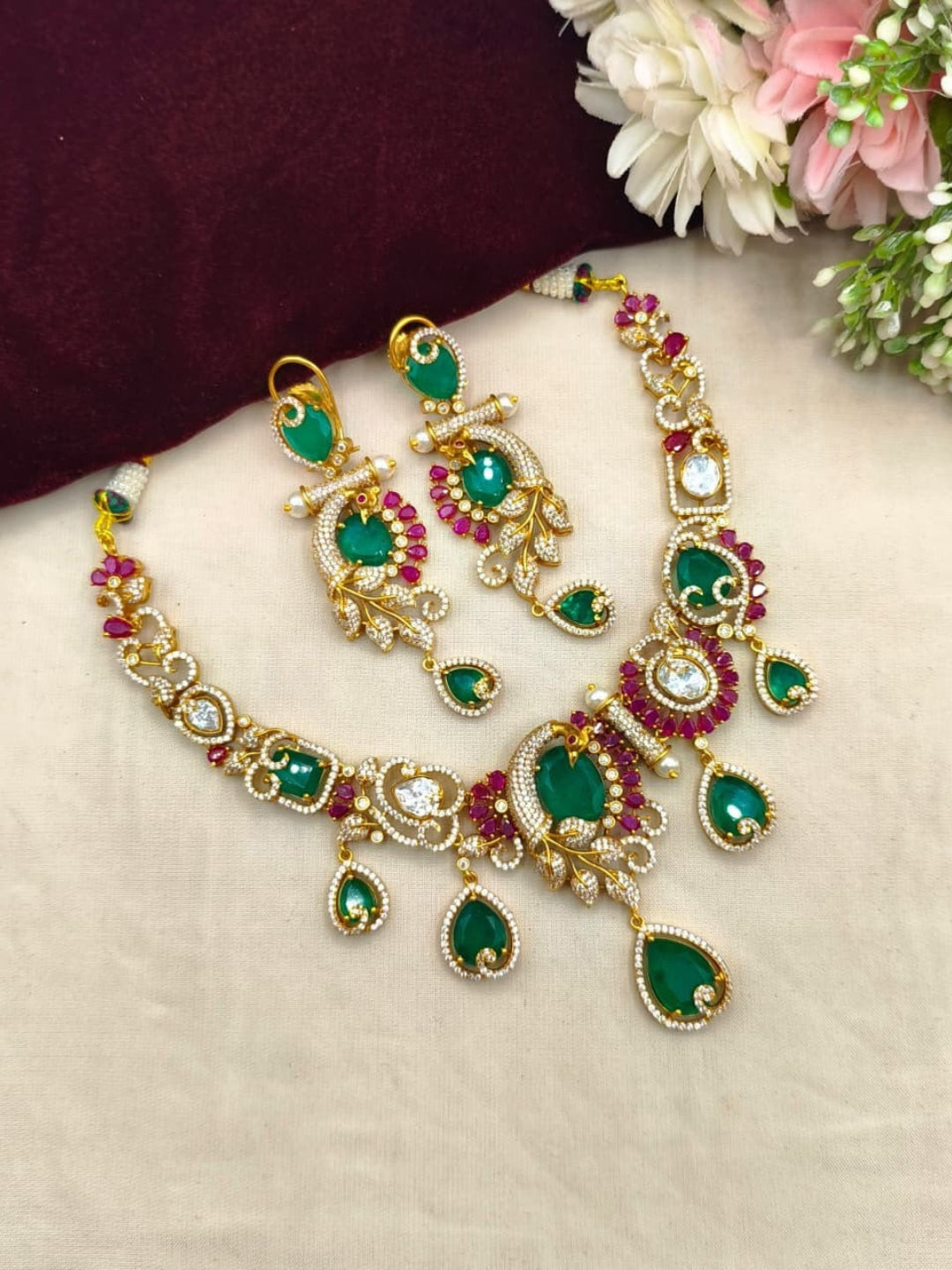 Ishhaara Emerald Stone Studded Peacock Designed Choker Necklace