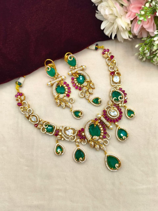 Ishhaara Emerald Stone Studded Peacock Designed Choker Necklace