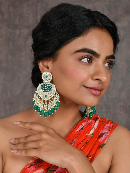 Ishhaara Enchanting Green Chandbali Kundan Pearl Earrings