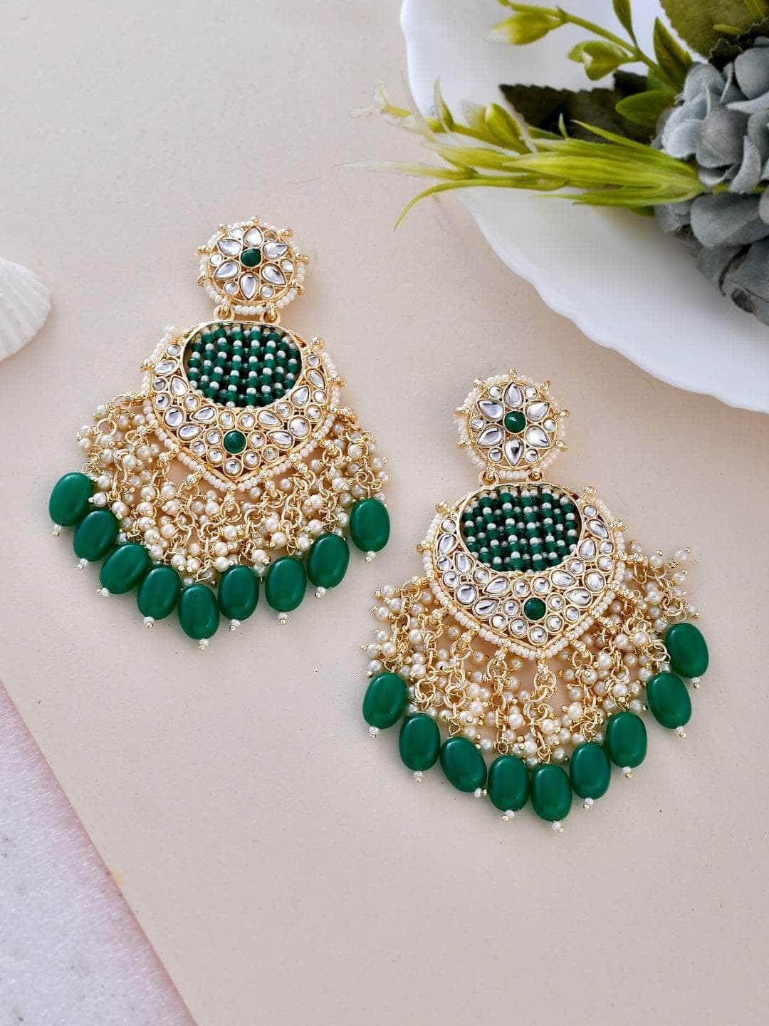 Ishhaara Enchanting Green Chandbali Kundan Pearl Earrings