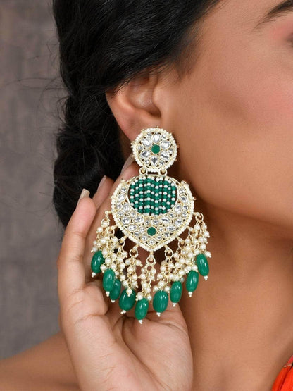 Ishhaara Enchanting Green Chandbali Kundan Pearl Earrings