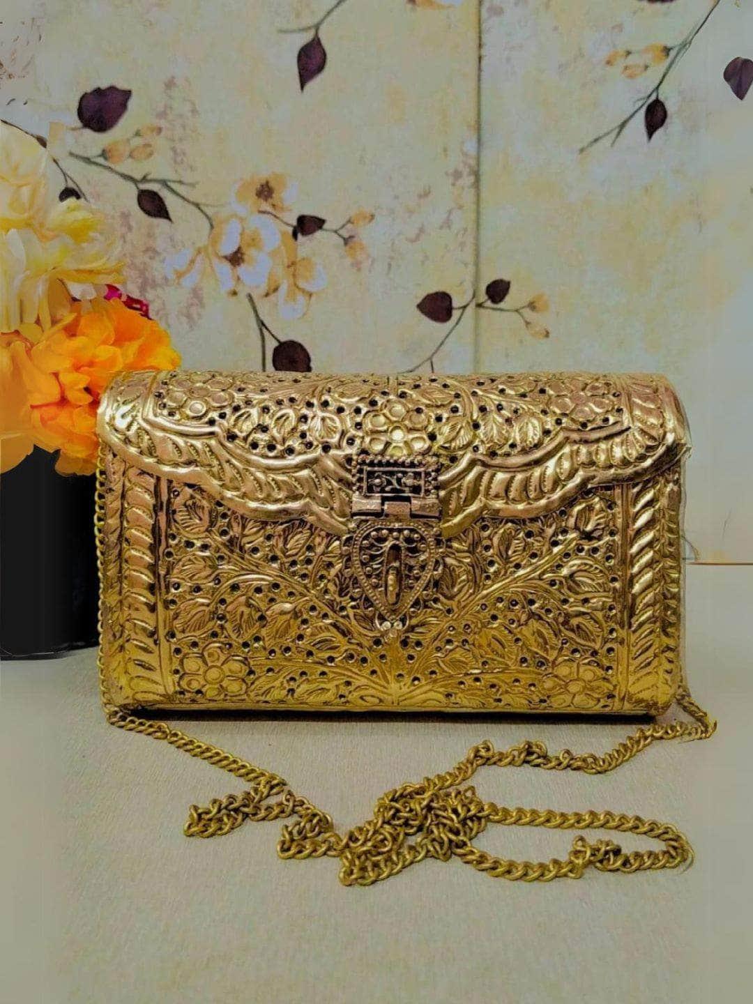 Ishhaara Exclusive Hand Carved Golden Plate High Quality German Silver Purse