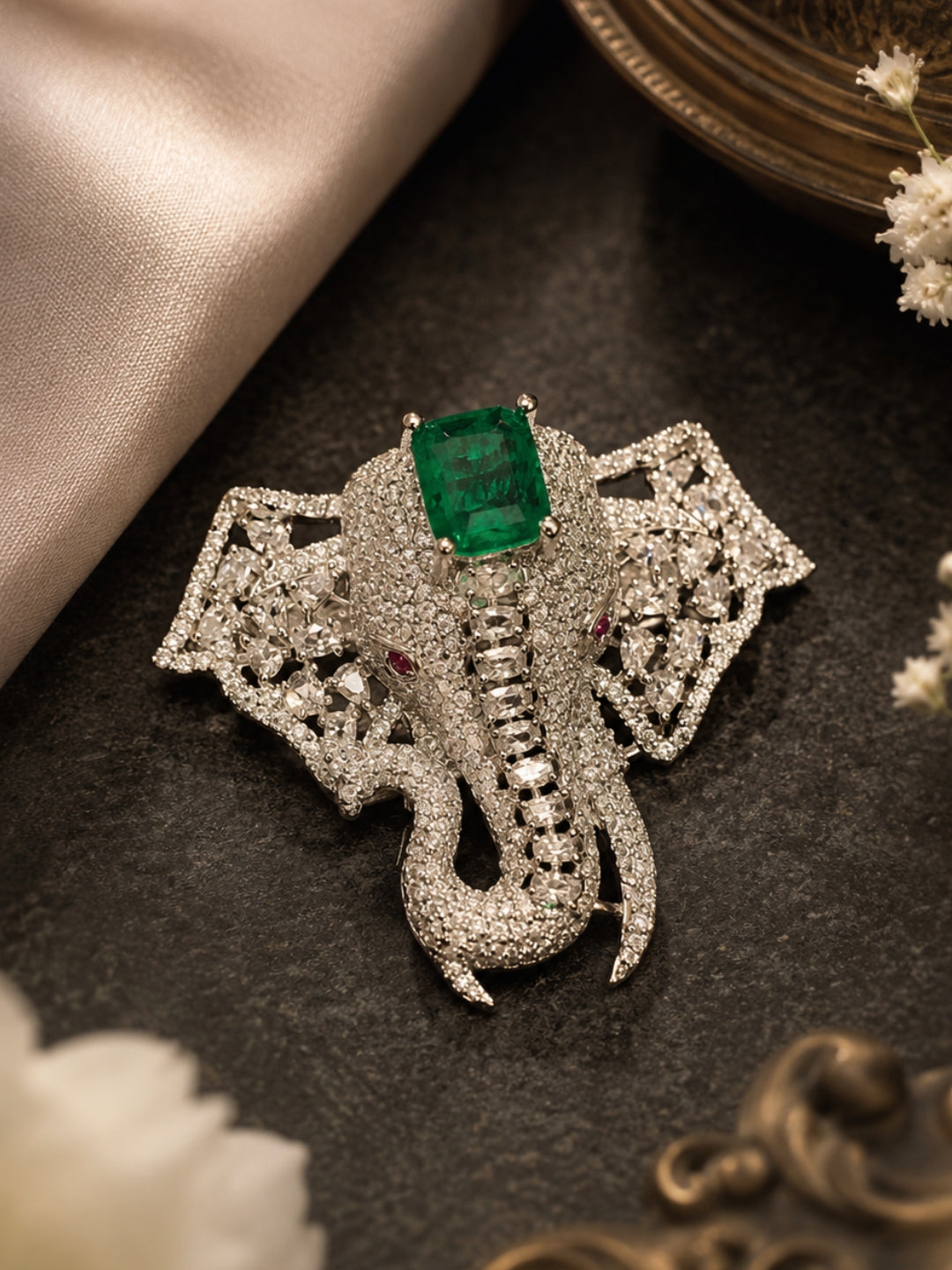 Ishhaara Exquisite Diamond Elephant Brooch With Emerald