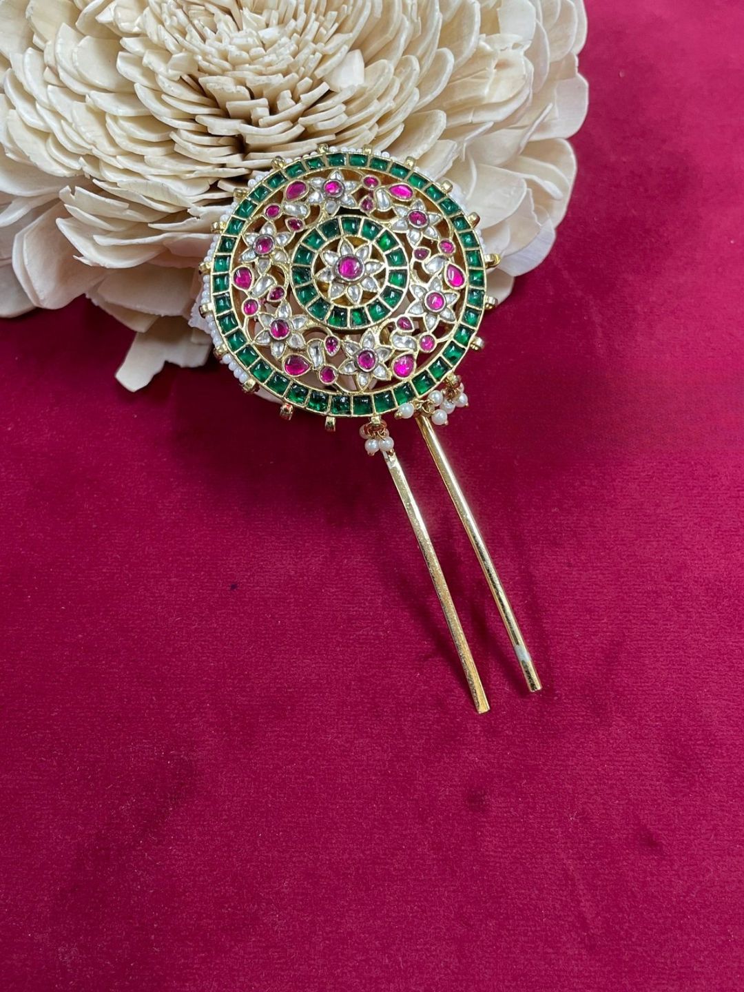 Ishhaara Exquisite Floral Pearl Green Beads Bun