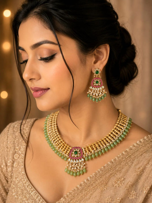 Ishhaara Exquisite Jadau Necklace With Green Beads