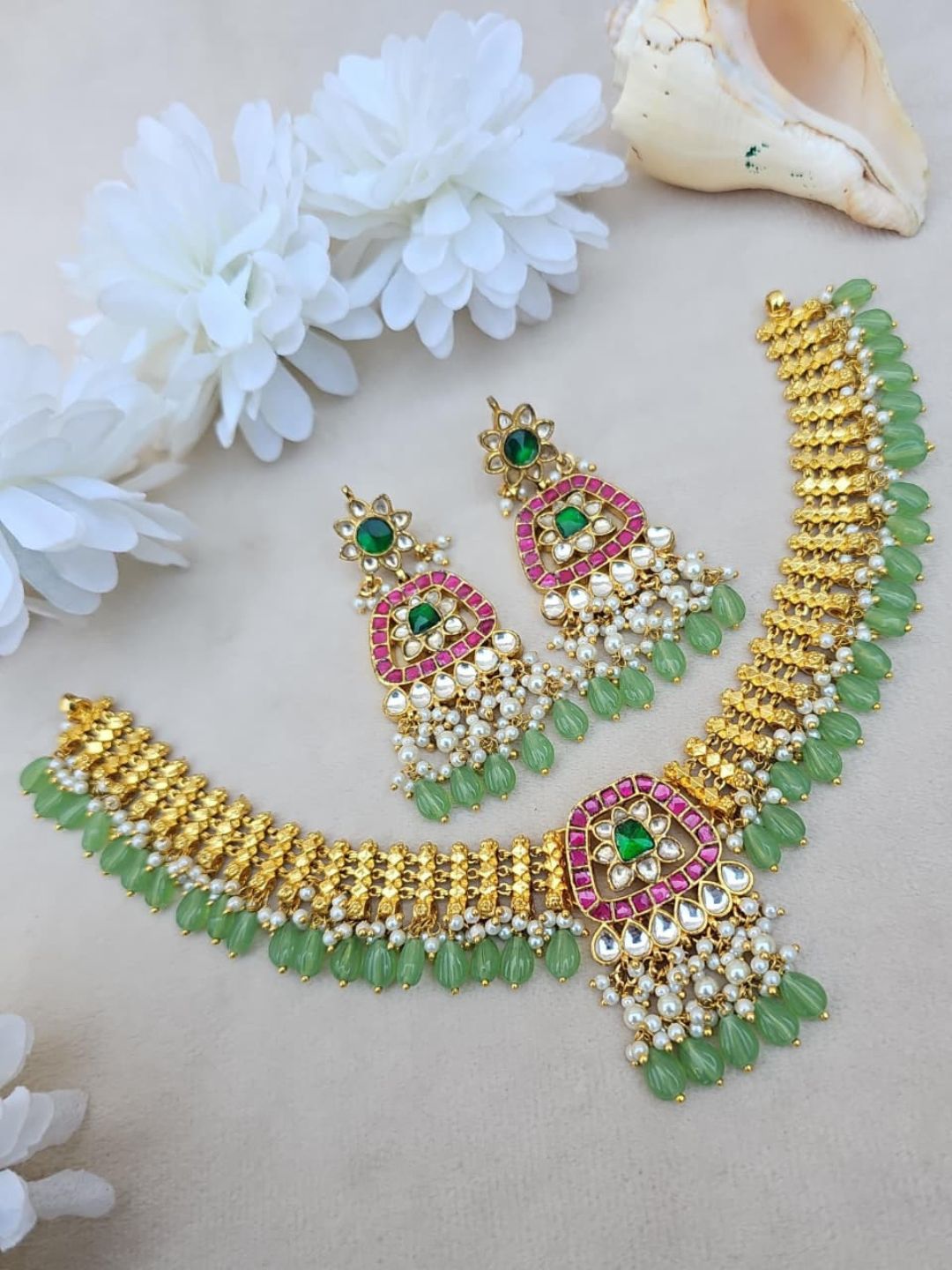 Ishhaara Exquisite Jadau Necklace With Green Beads