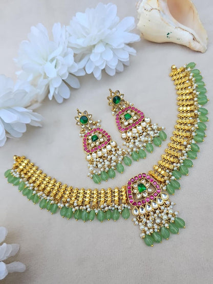 Ishhaara Exquisite Jadau Necklace With Green Beads