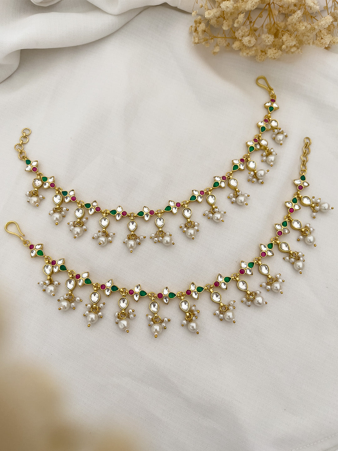 Ishhaara Floral Designed Pachi Kundan Studded Ear Chains