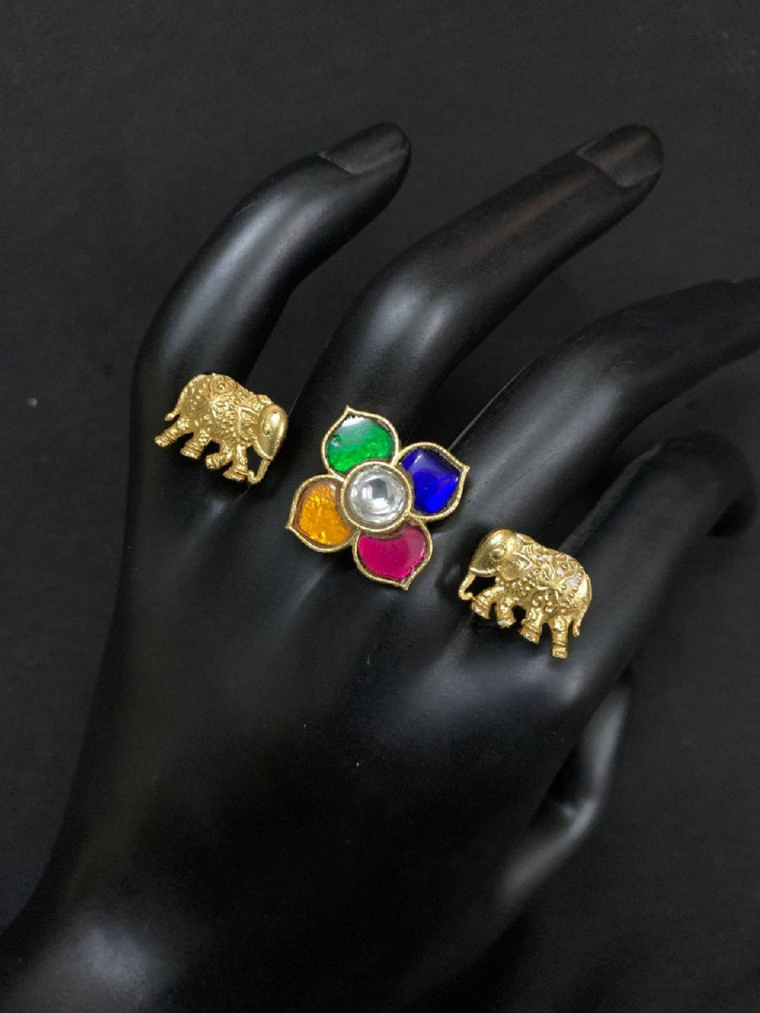 Ishhaara Floral Elephant Studded Dual Ring
