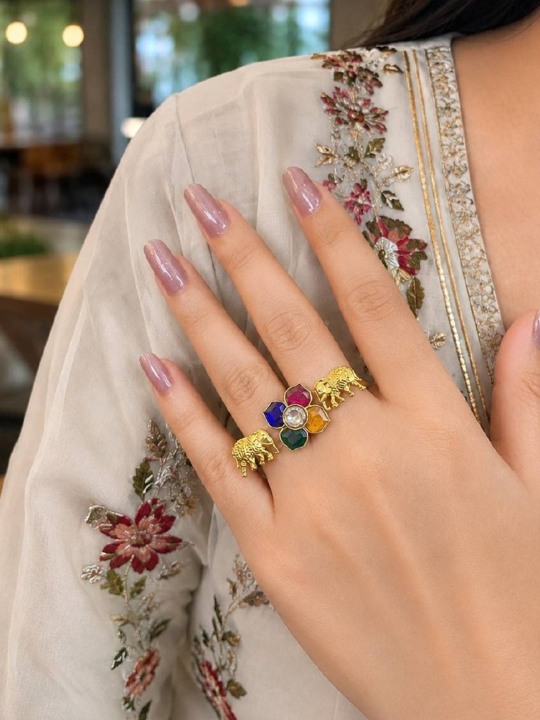 Ishhaara Floral Elephant Studded Dual Ring