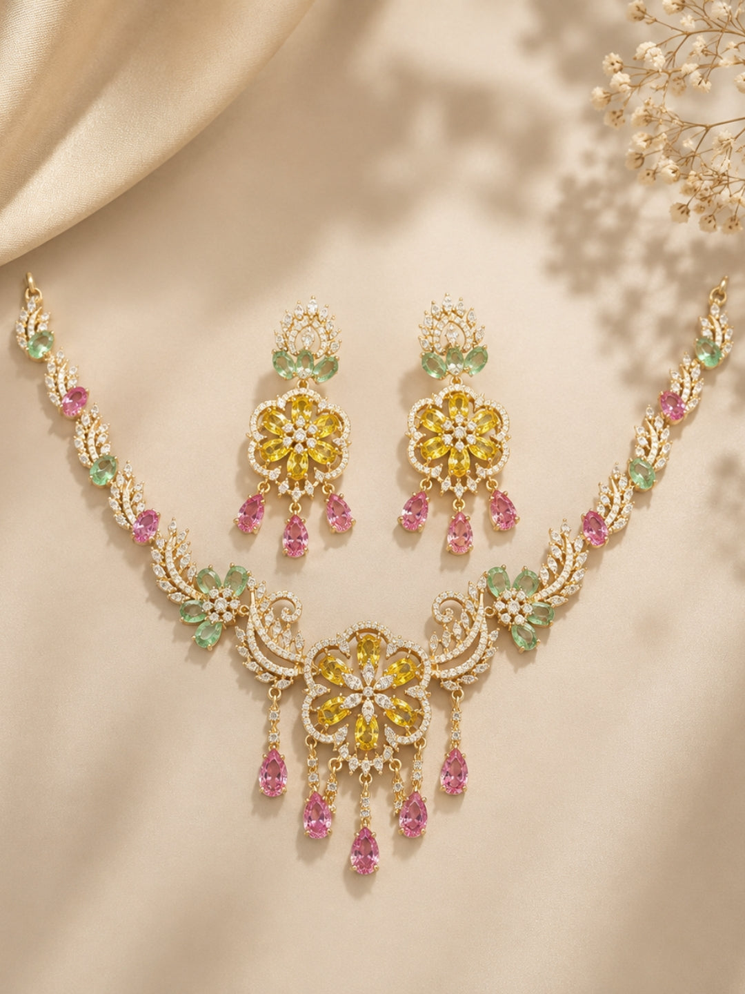 Ishhaara Floral Gold Necklace And Earrings Set