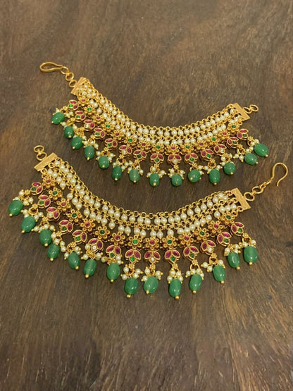 Ishhaara Floral Kundan Ear Chain With Pearls And Green Drops