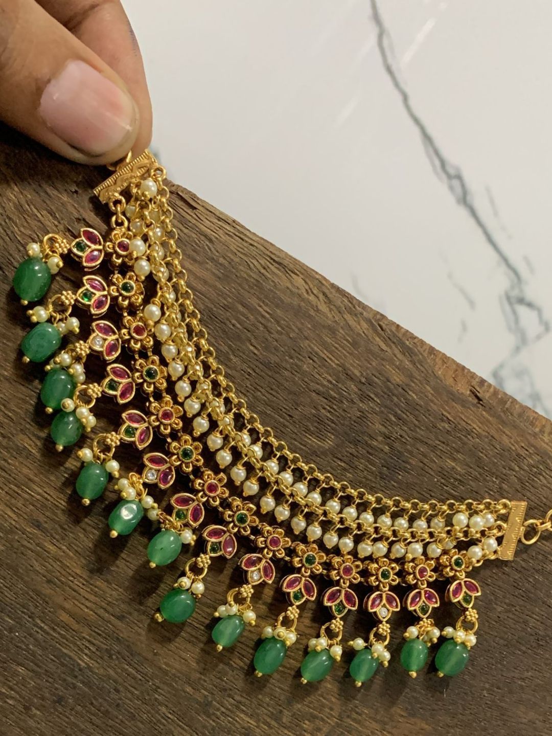 Ishhaara Floral Kundan Ear Chain With Pearls And Green Drops