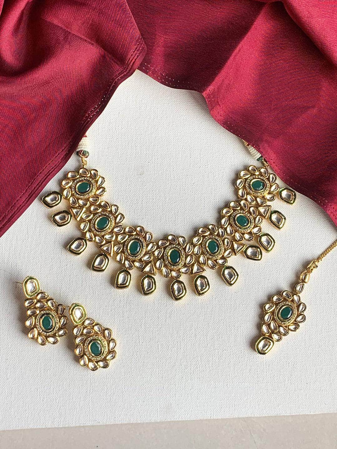 Ishhaara Flower AD Kundna Pentagan Hanging Necklace Earring And Teeka Set