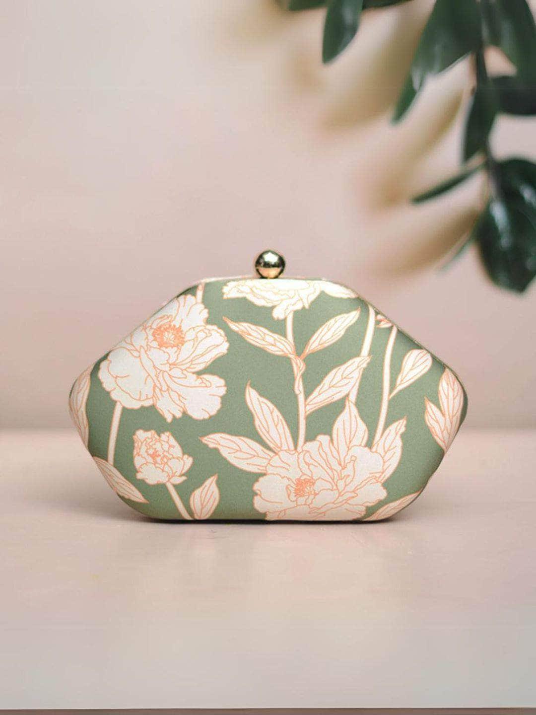 Ishhaara Flower Printed Green Clutch