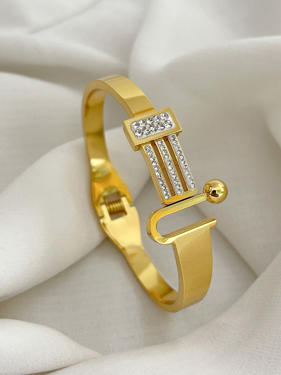 Ishhaara Geometric Gold Cuff Bracelet With Crystal Accents