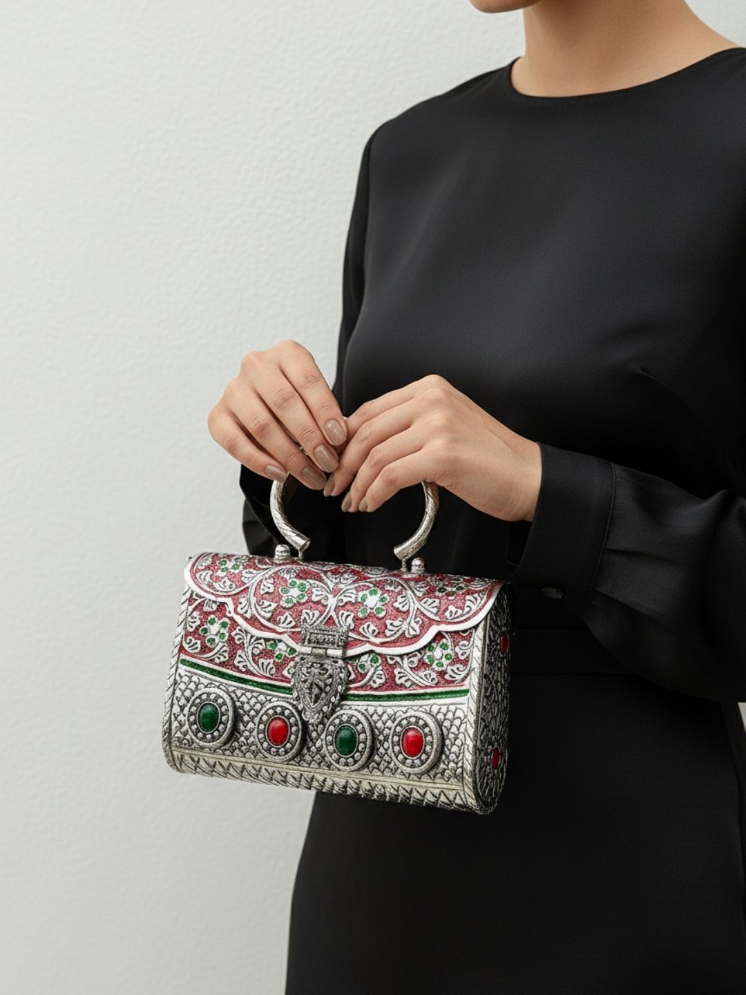 Ishhaara German Silver High Quality Meena Stone Clutch