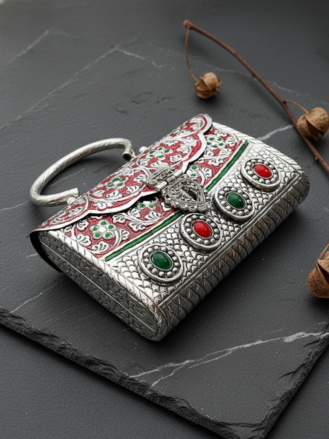 Ishhaara German Silver High Quality Meena Stone Clutch