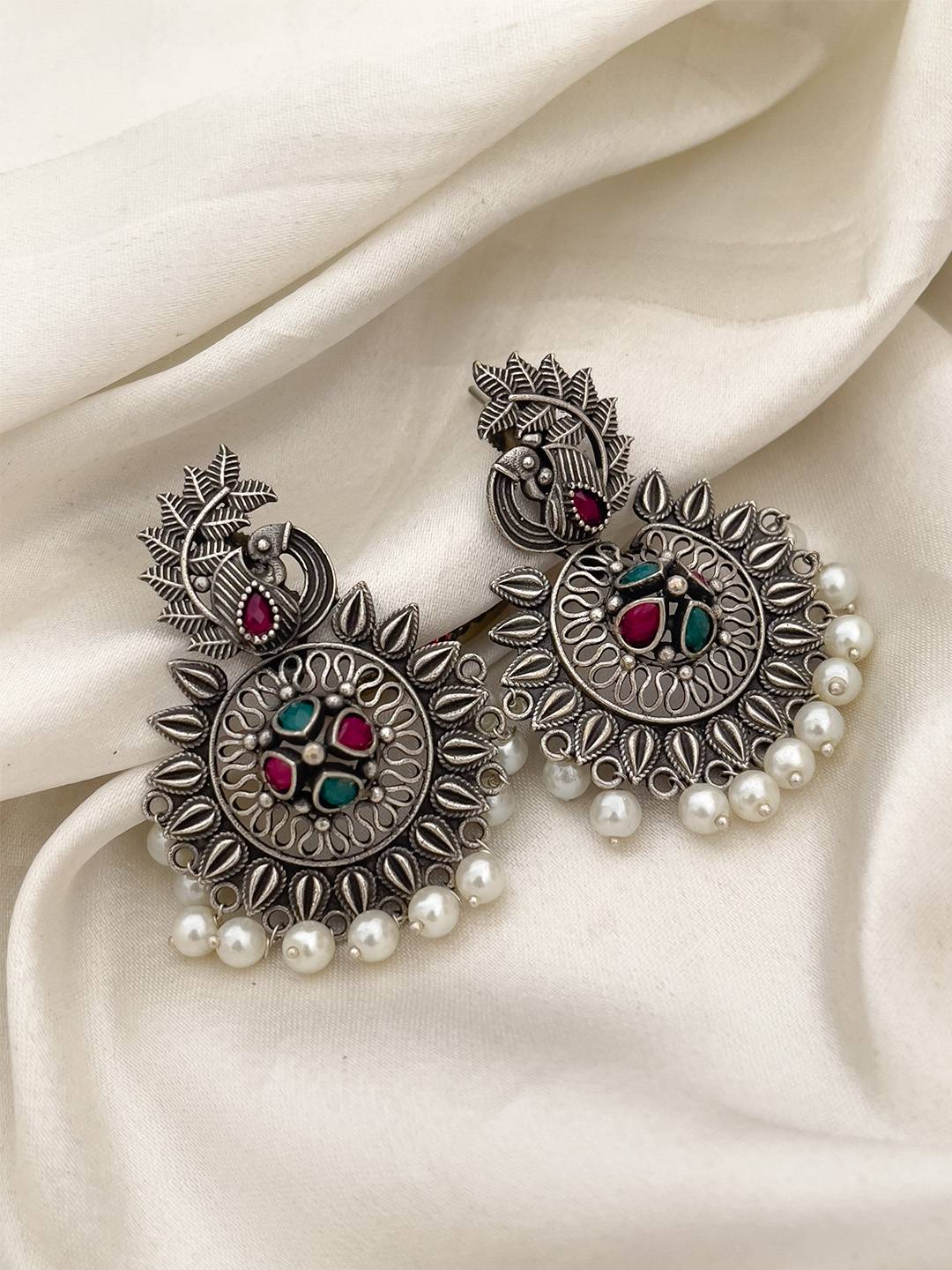 Ishhaara German Silver Oxidised Peacock Pearl Earring