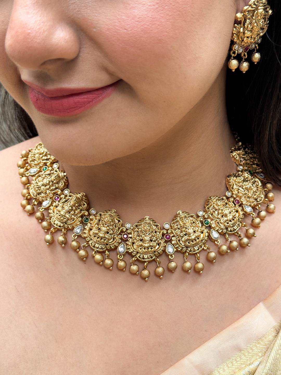 Ishhaara Goddess Nakshi Design Gold Plated Necklace With Earrings