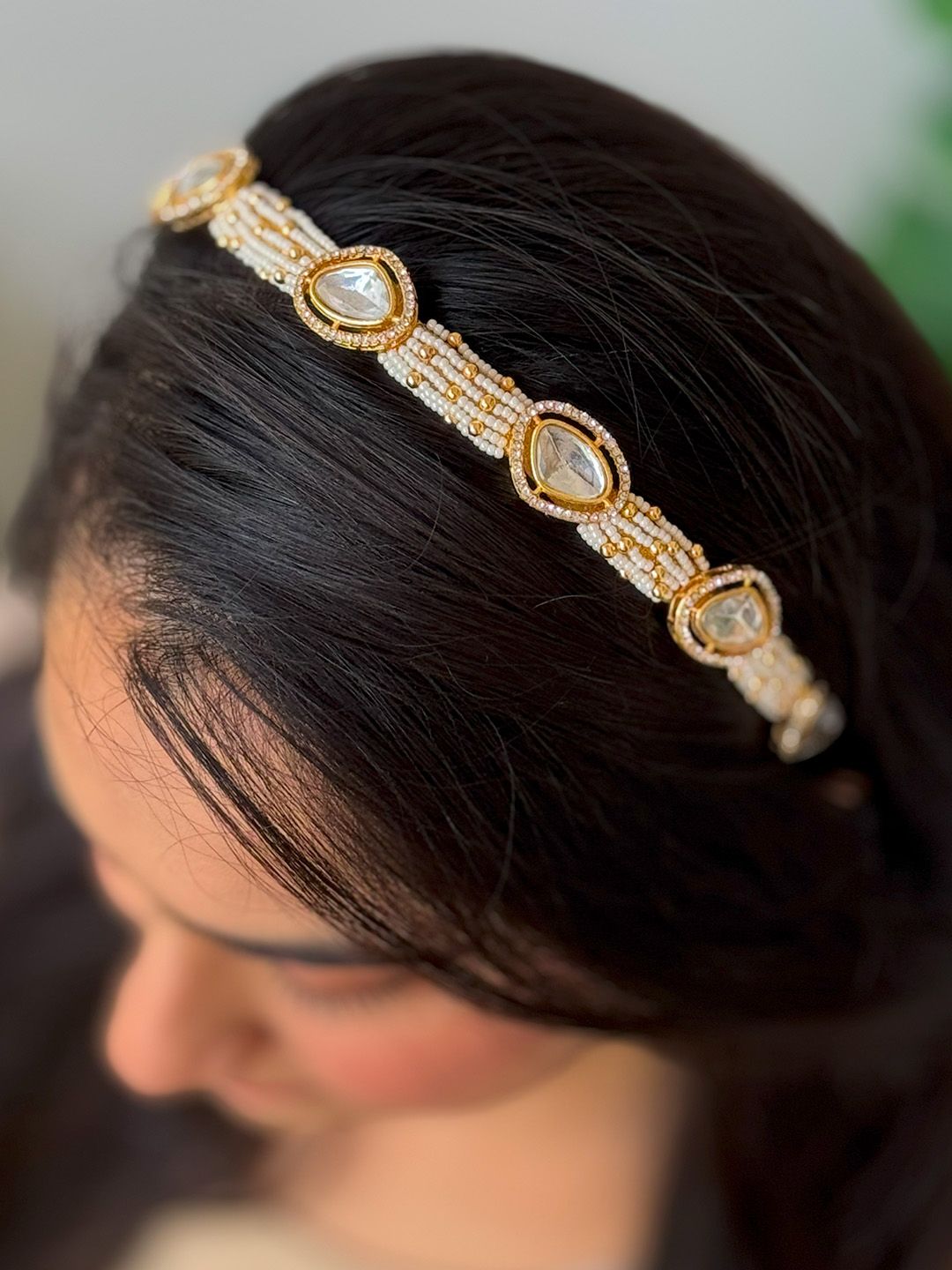 Ishhaara Gold Beads Crystal Drop Pattern Hairband
